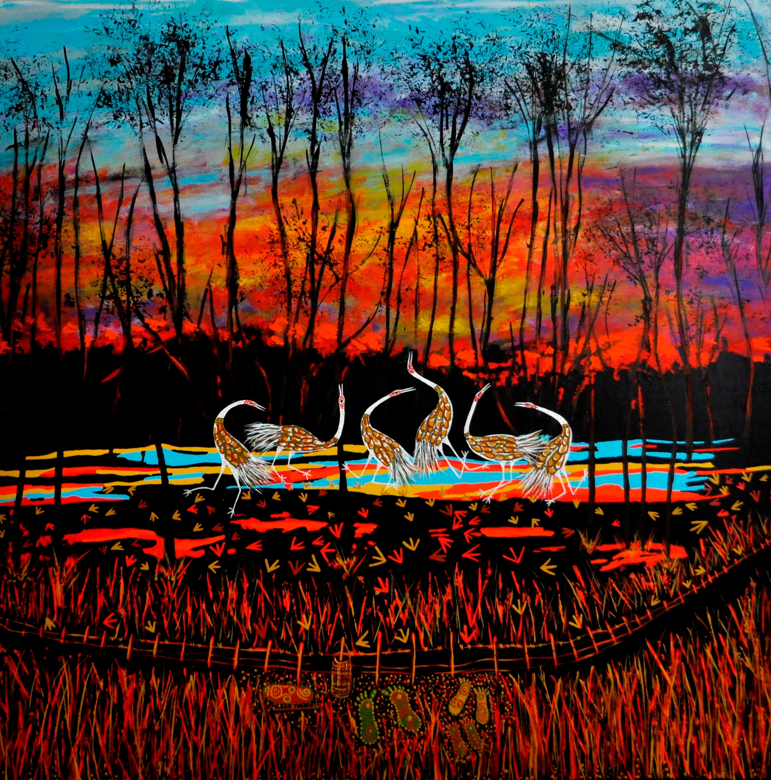 Dancing Brolga's art by Bigambul woman Cheryl Moggs